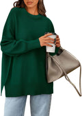 Women's Oversized Crewneck Sweater - Chunky Knit Side Slit Pullover