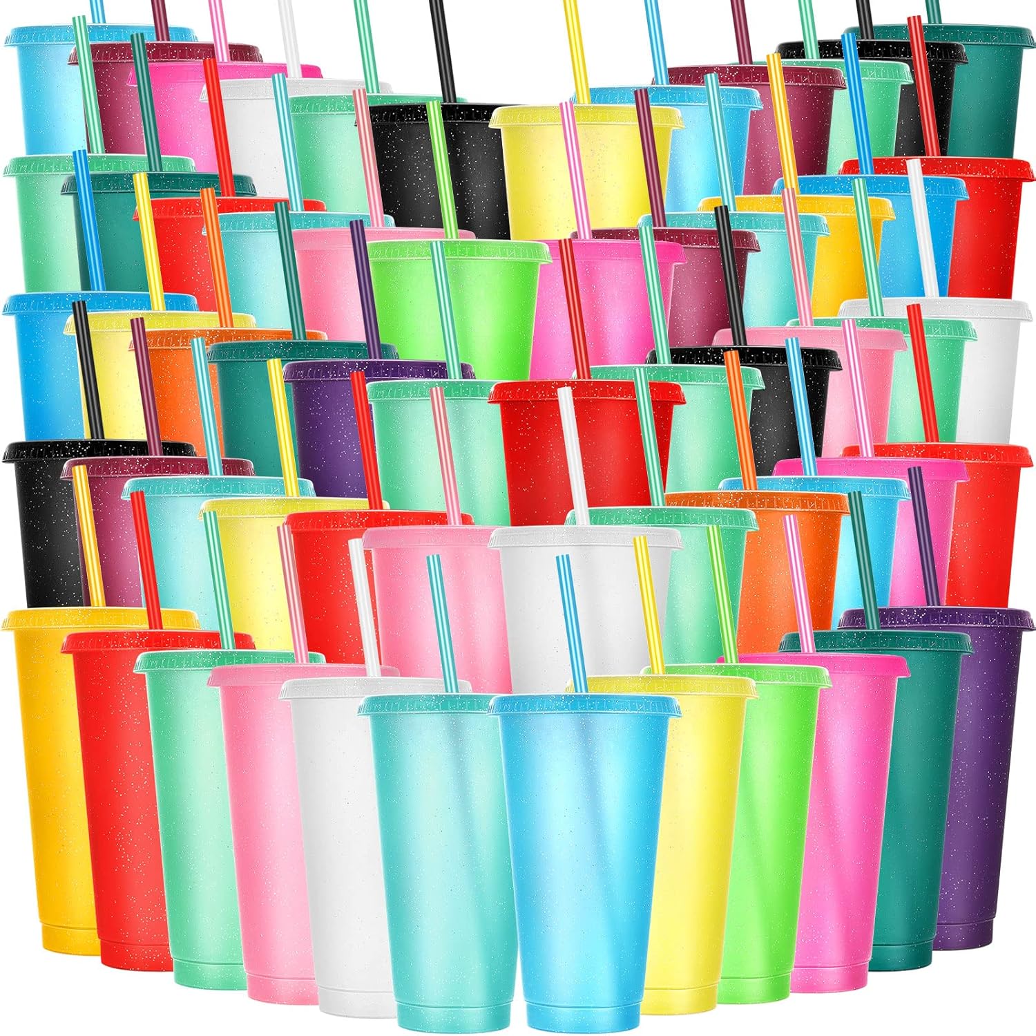 60 Pack Glitter Plastic Cups with Straw and Lid for Parties