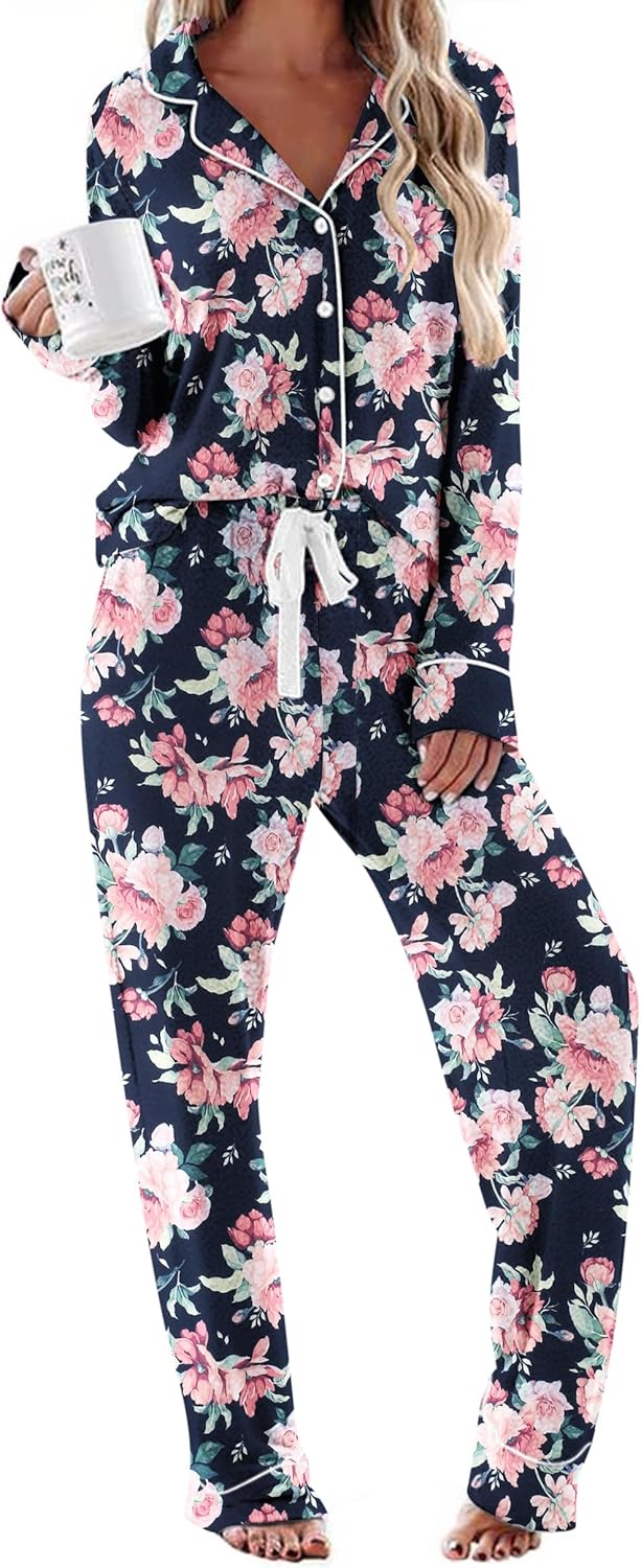 Ekouaer Women's Pajamas Long Sleeve Sleepwear Soft Pjs Set