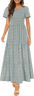 Womens Smocked Floral Maxi Dress - Modest Short Sleeve Wedding Guest