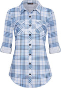 Women's Soft Stretchy Knit Plaid Roll Up Sleeve Button Down Shirt