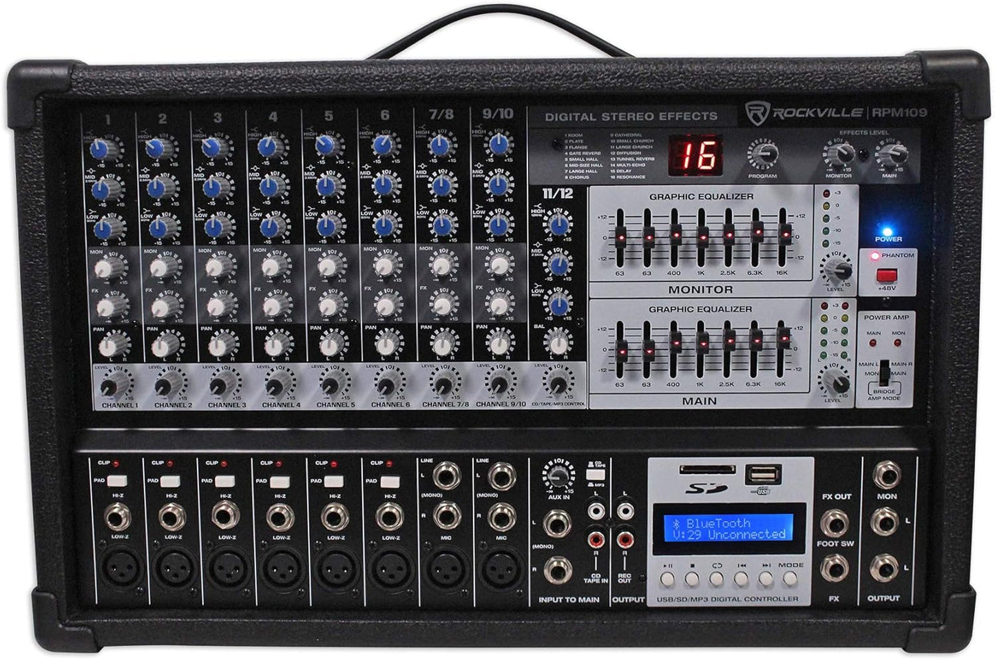 Rockville 12 Channel Powered Mixer with 4800W and 7 Band EQ