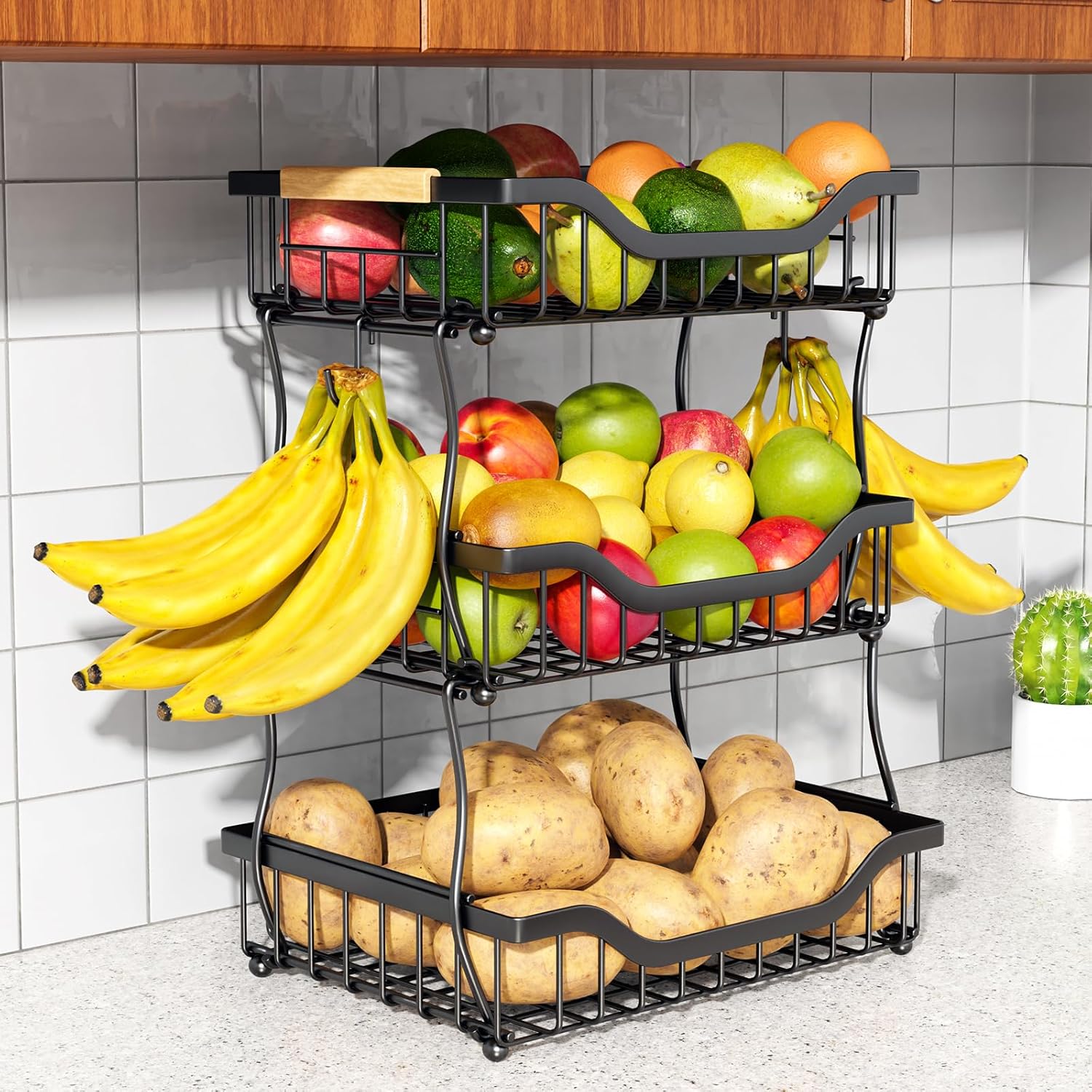 3-Tier Fruit Basket for Kitchen Counter and Wall-Mounting Use
