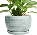 Ceramic Planter 8 in Green Pot with Drainage and Saucer - Modern