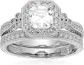 Platinum-Plated Sterling Silver Asscher-Cut Ring Set - Antique Style