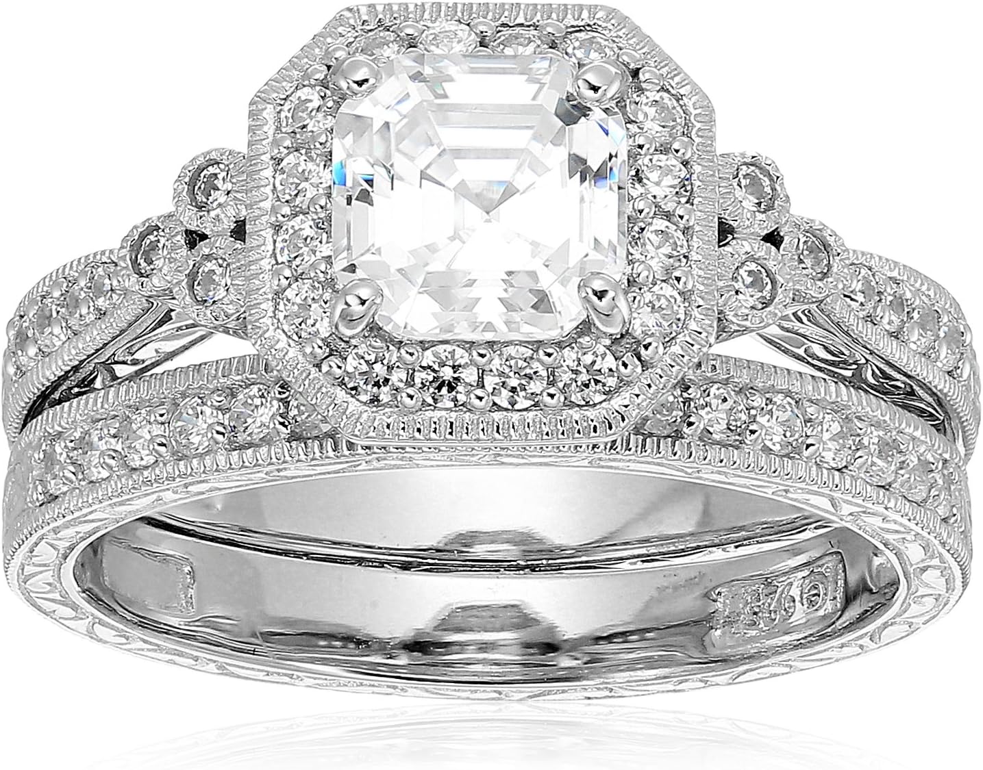 Antique Style Sterling Silver Ring Set with Asscher-Cut Zirconia