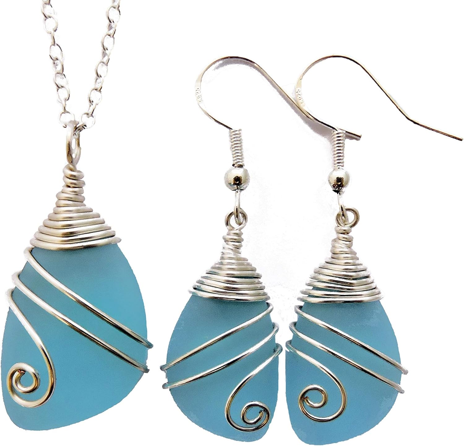Handmade Sea Glass Necklace and Earrings Set for Women Gifts