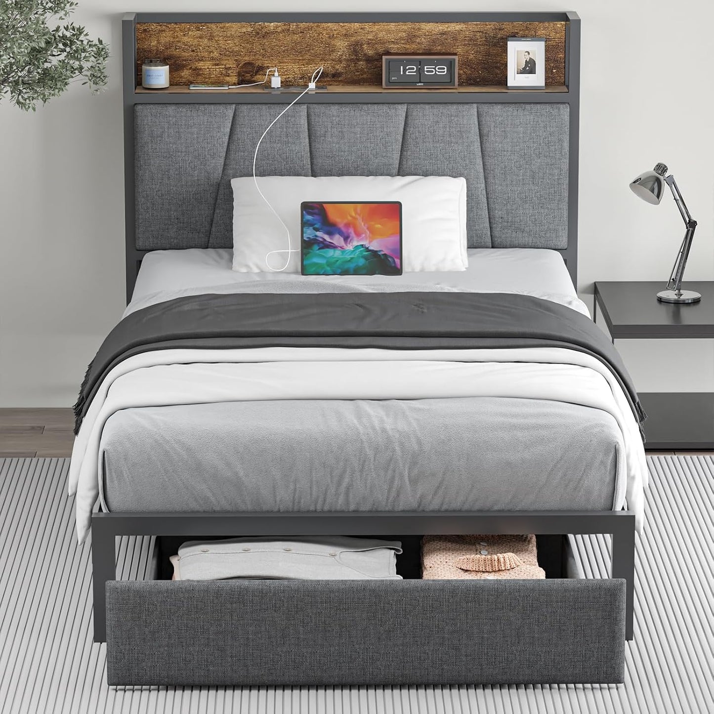 Twin Size Bed Frame with Headboard and Storage for Modern Living