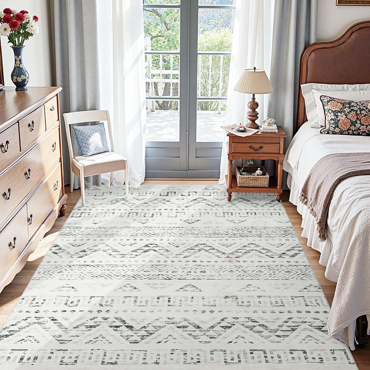 Boho 5x7 Neutral Area Rug - Stylish Machine Washable Carpet