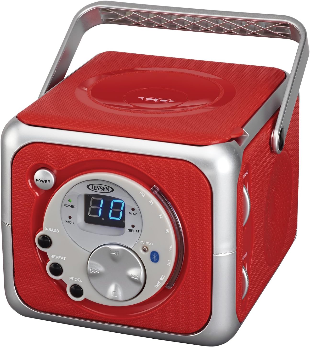 Jensen CD-555RS Red Bluetooth Boombox with CD Player & FM Radio