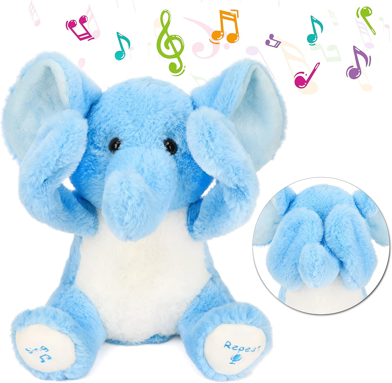 Talking Elephant Plush Toy, Musical & Repeat, Blue, 11.5''