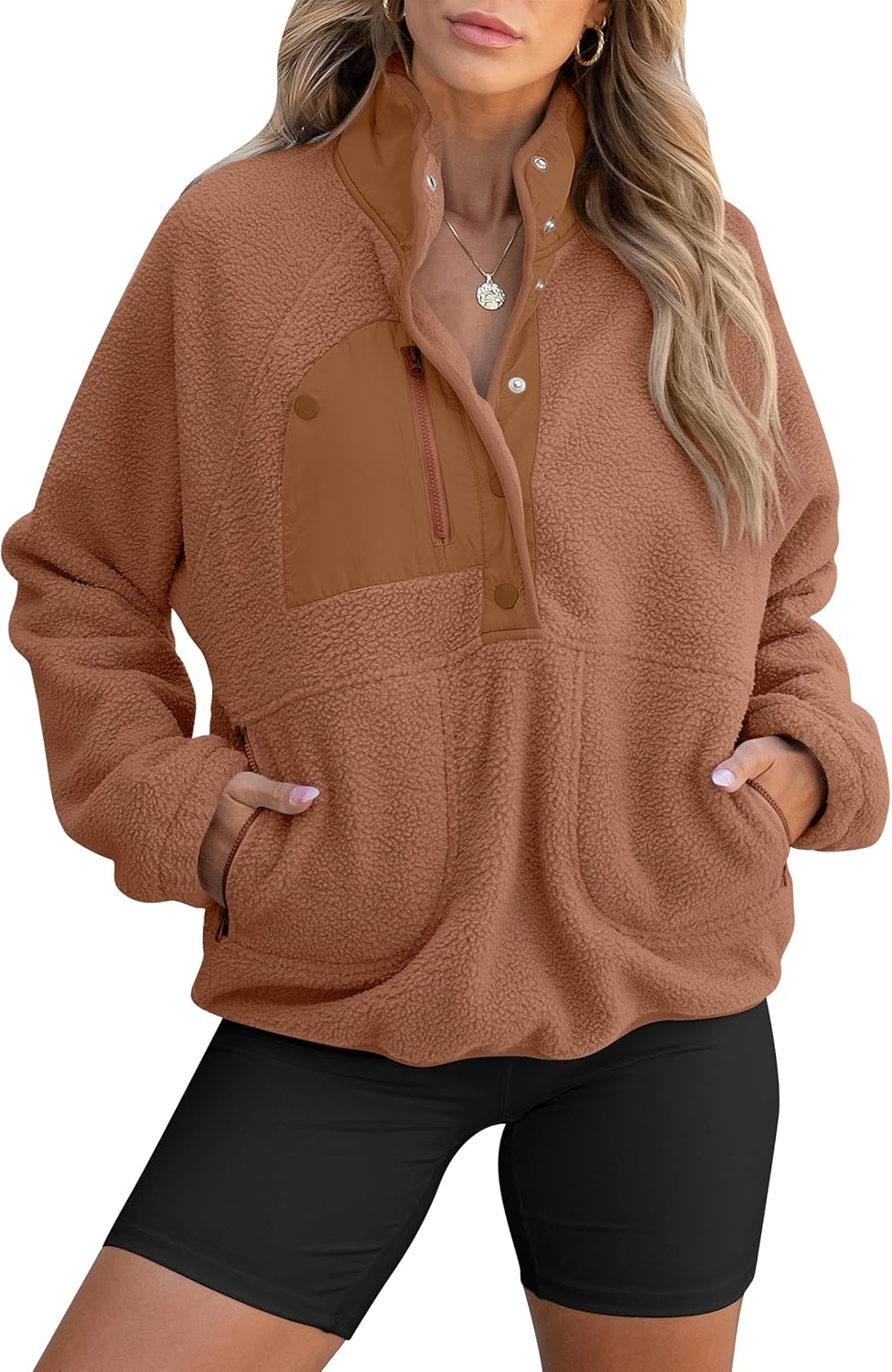 Fuzzy Fleece Pullover Sherpa Sweatshirt with Pockets for Women
