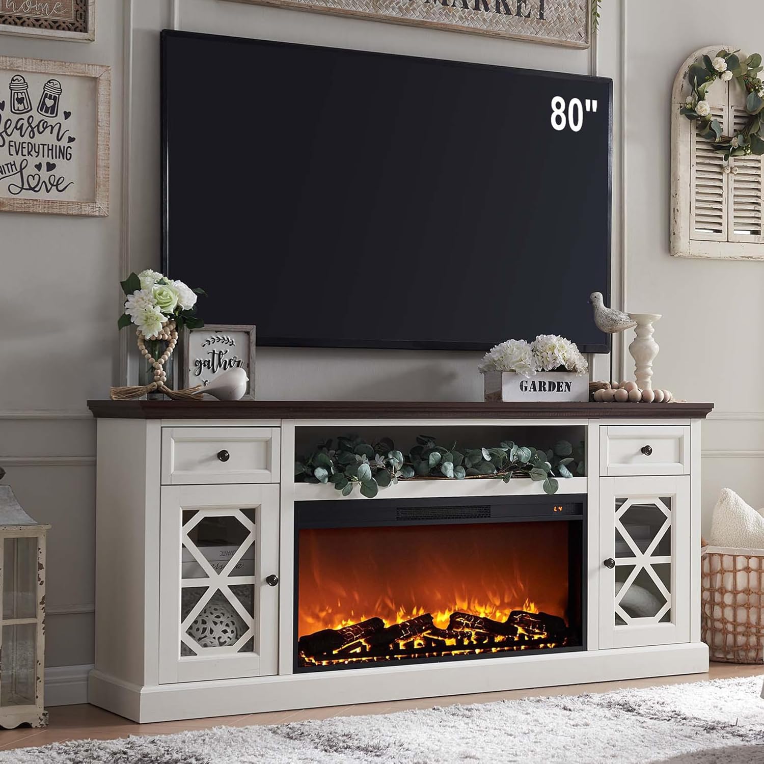 Rustic White Highboy Fireplace TV Stand