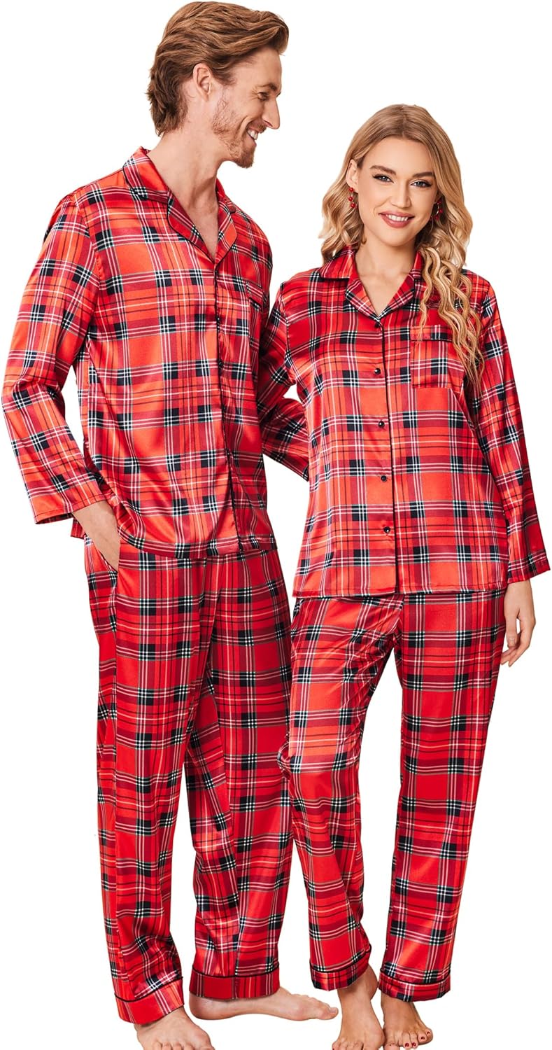 Ekouaer Couples Matching Pajamas Silk Long Sleeve Sleepwear Set