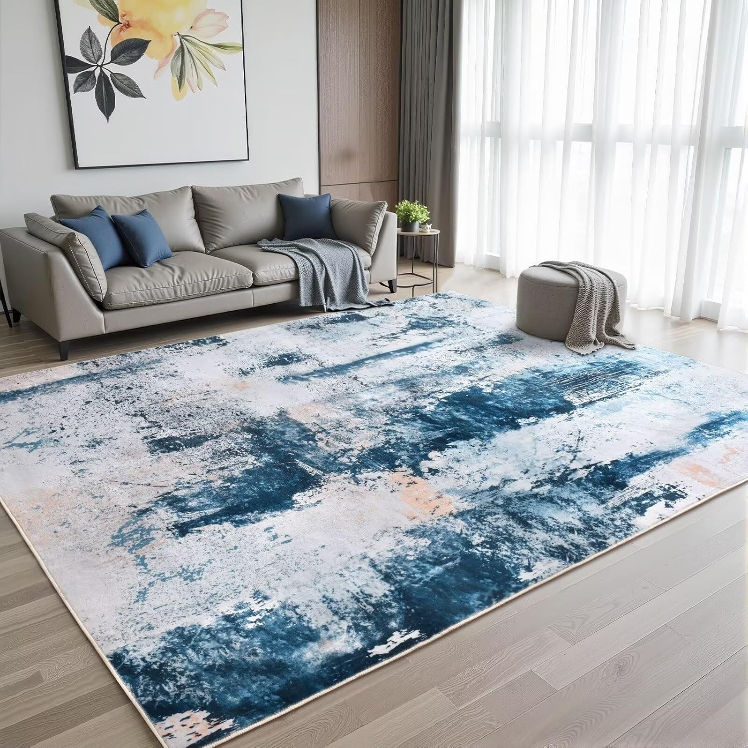 5x7 Blue Washable Area Rug for Modern Living Room Decor