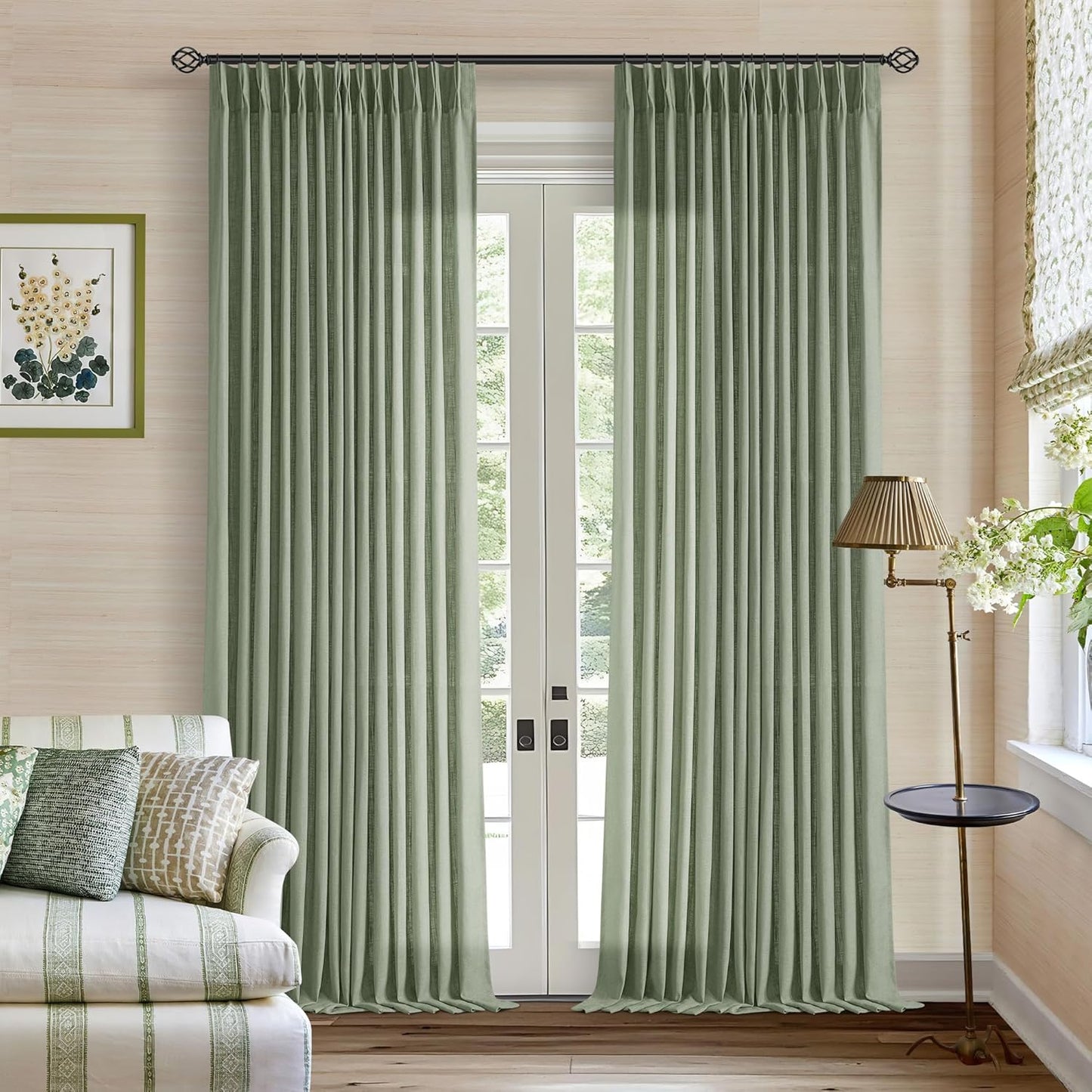 Pinch Pleated Green Linen Curtains 96 Inches Long for Living Room