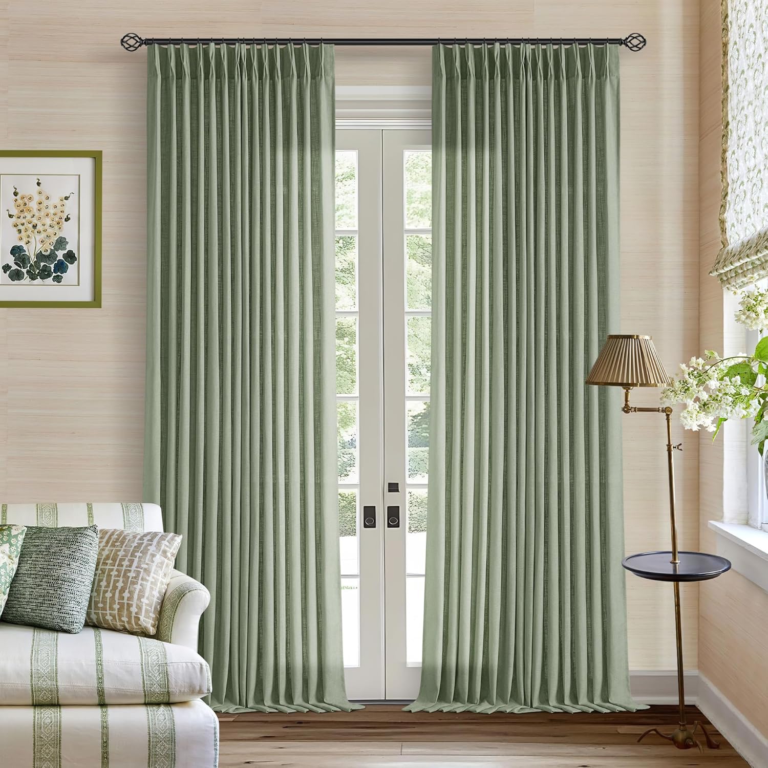 Pinch Pleated Green Linen Curtains 96 Inches Long for Living Room