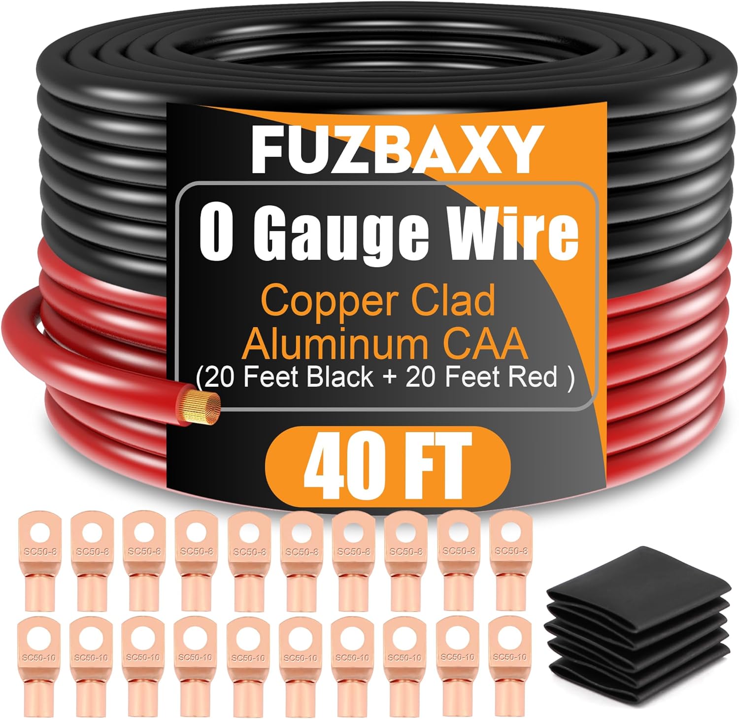 0 Gauge Wire 40FT Set with Lugs and Heat Shrink Tubing