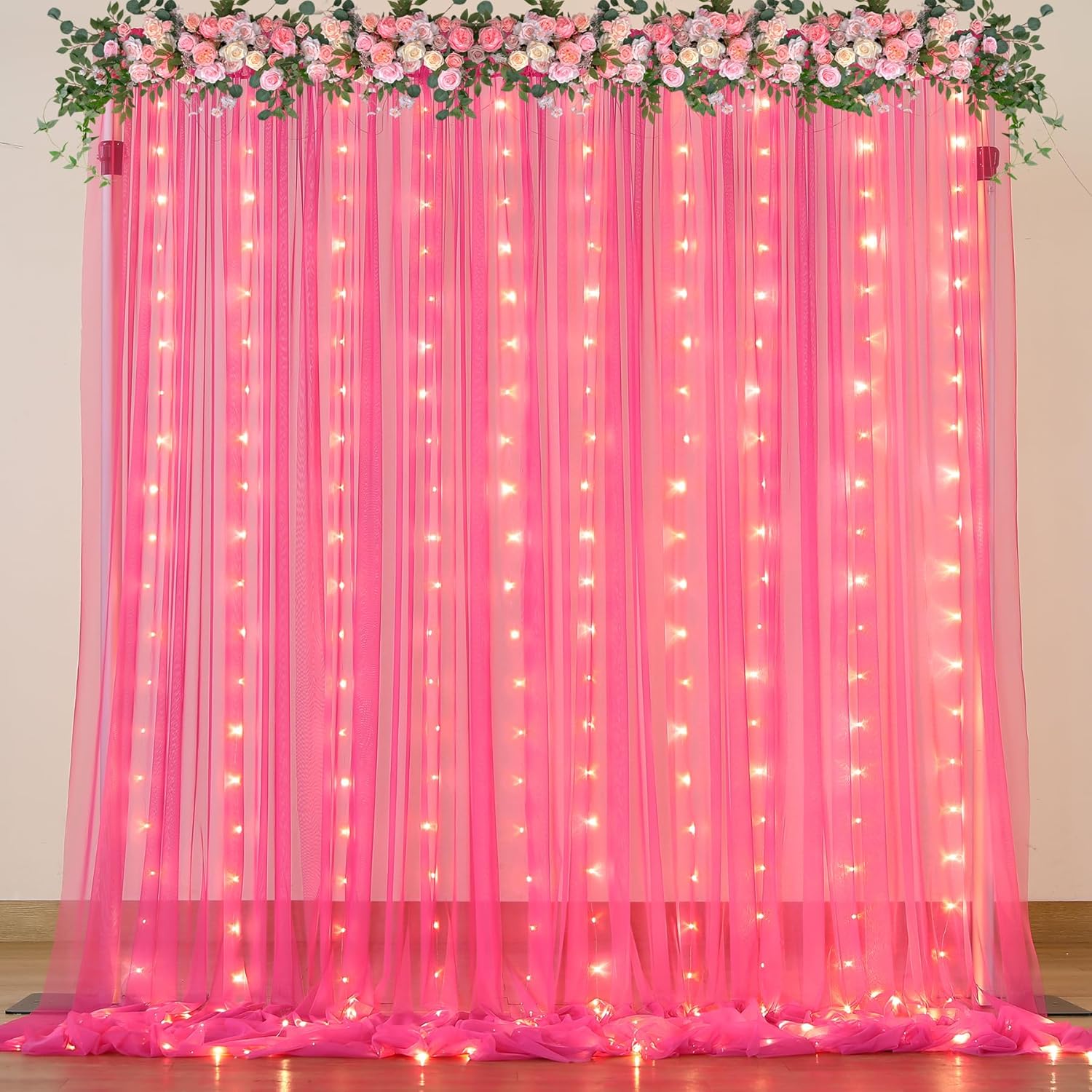 Hot Pink Tulle Backdrop Curtain with Lights for Parties 10x10ft