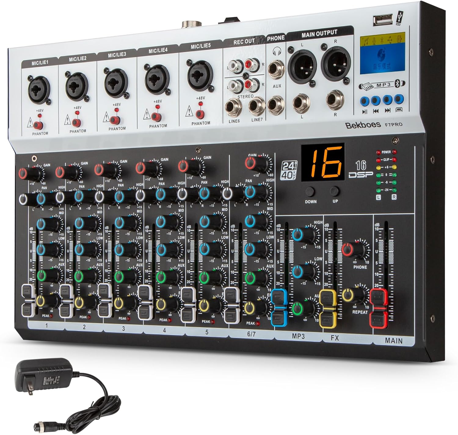Professional Audio Mixer with 7 Channels and DSP Effects