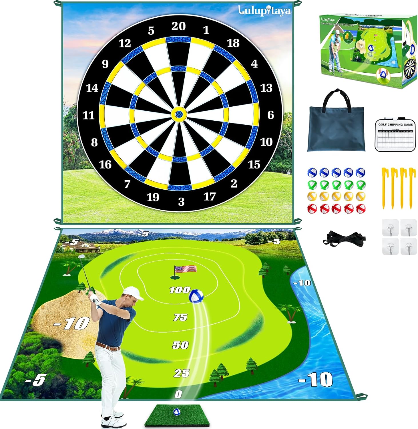 Golf Chipping Game Combo: Indoor 2-in-1 Mat with Dart Board - Train Anywhere!