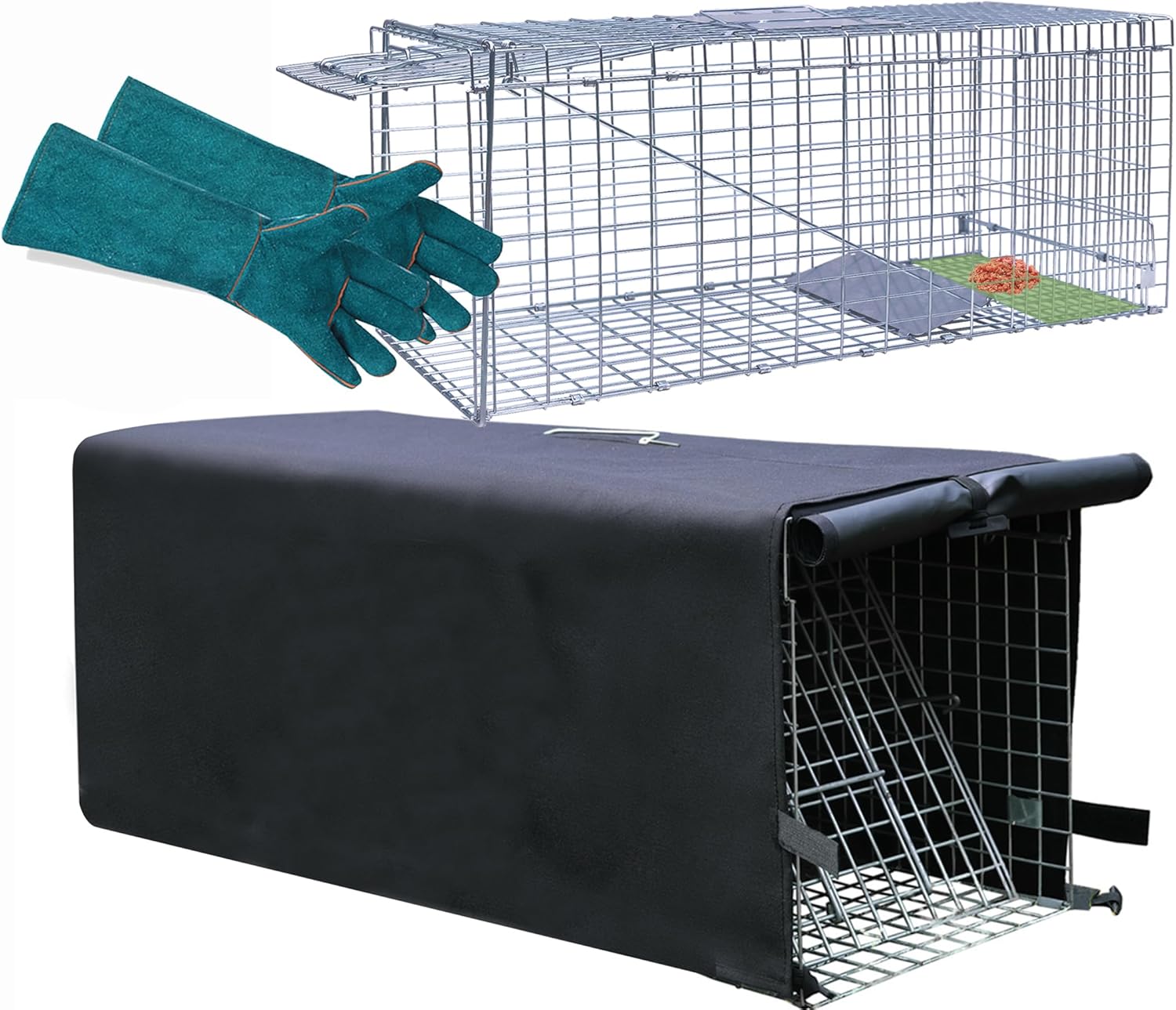 Live Animal Trap Cage with Cover & Gloves for Stray Cats