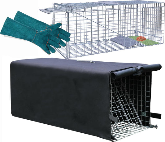 Live Animal Trap Cage with Cover & Gloves for Stray Cats
