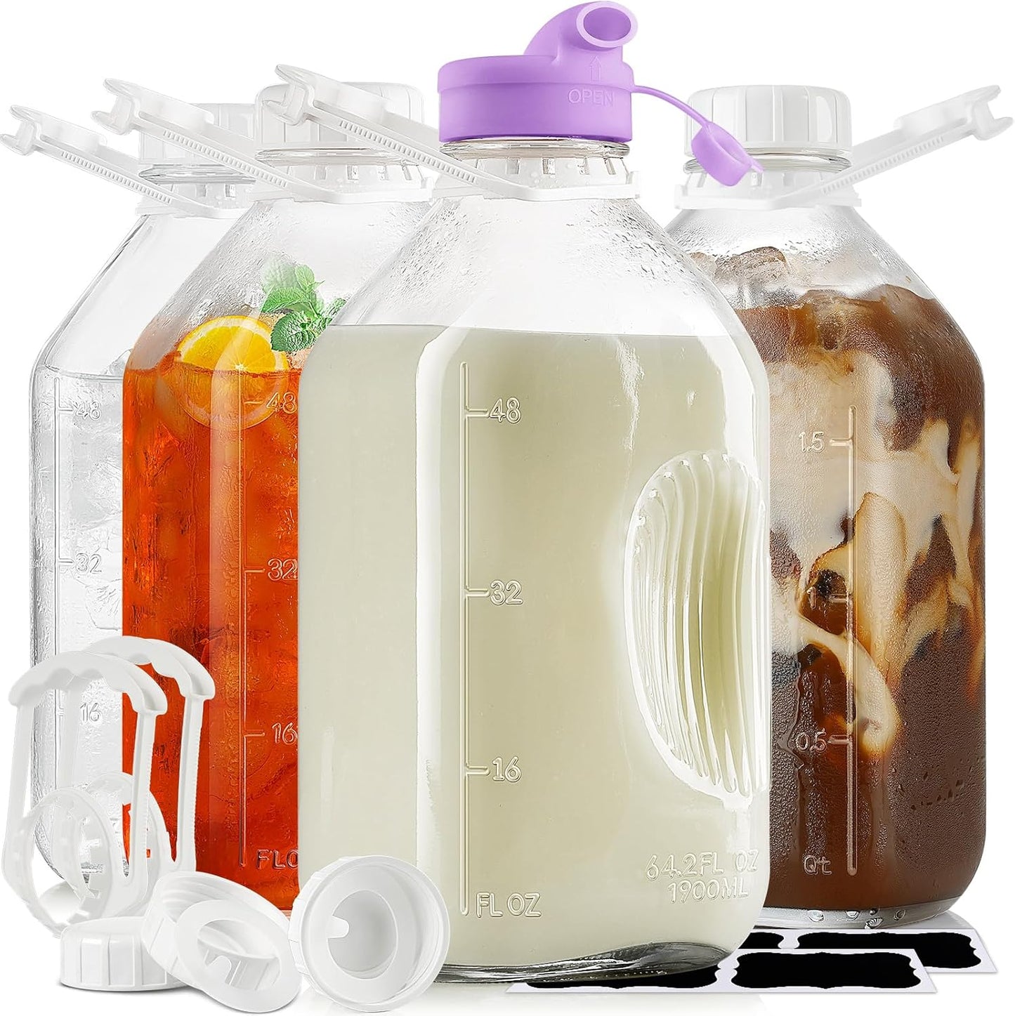 4 Pack 64 Oz Heavy Duty Glass Milk Bottle with Silicone Spout