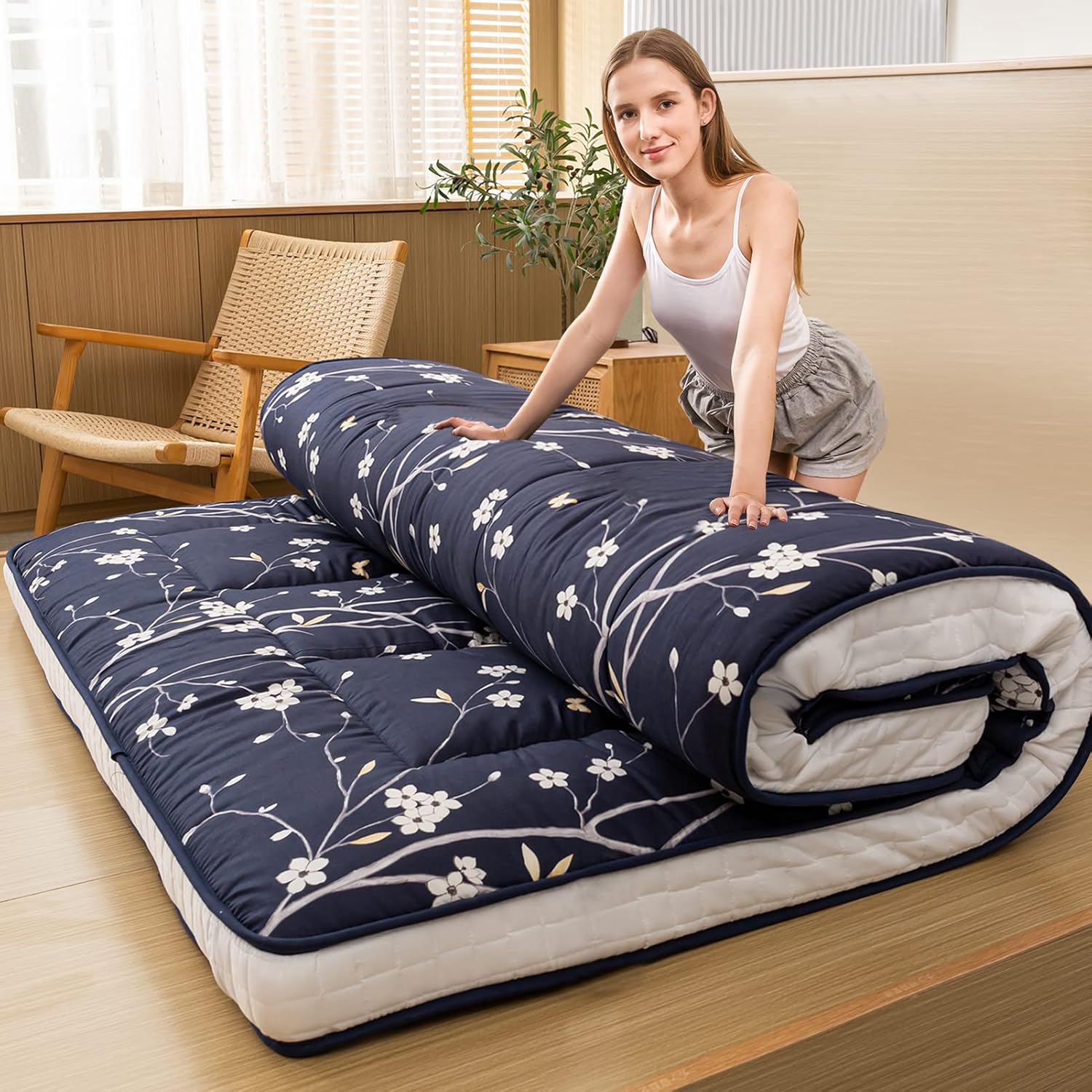 MAXYOYO Navy Floral Printed Futon Mattress for Comfort and Style