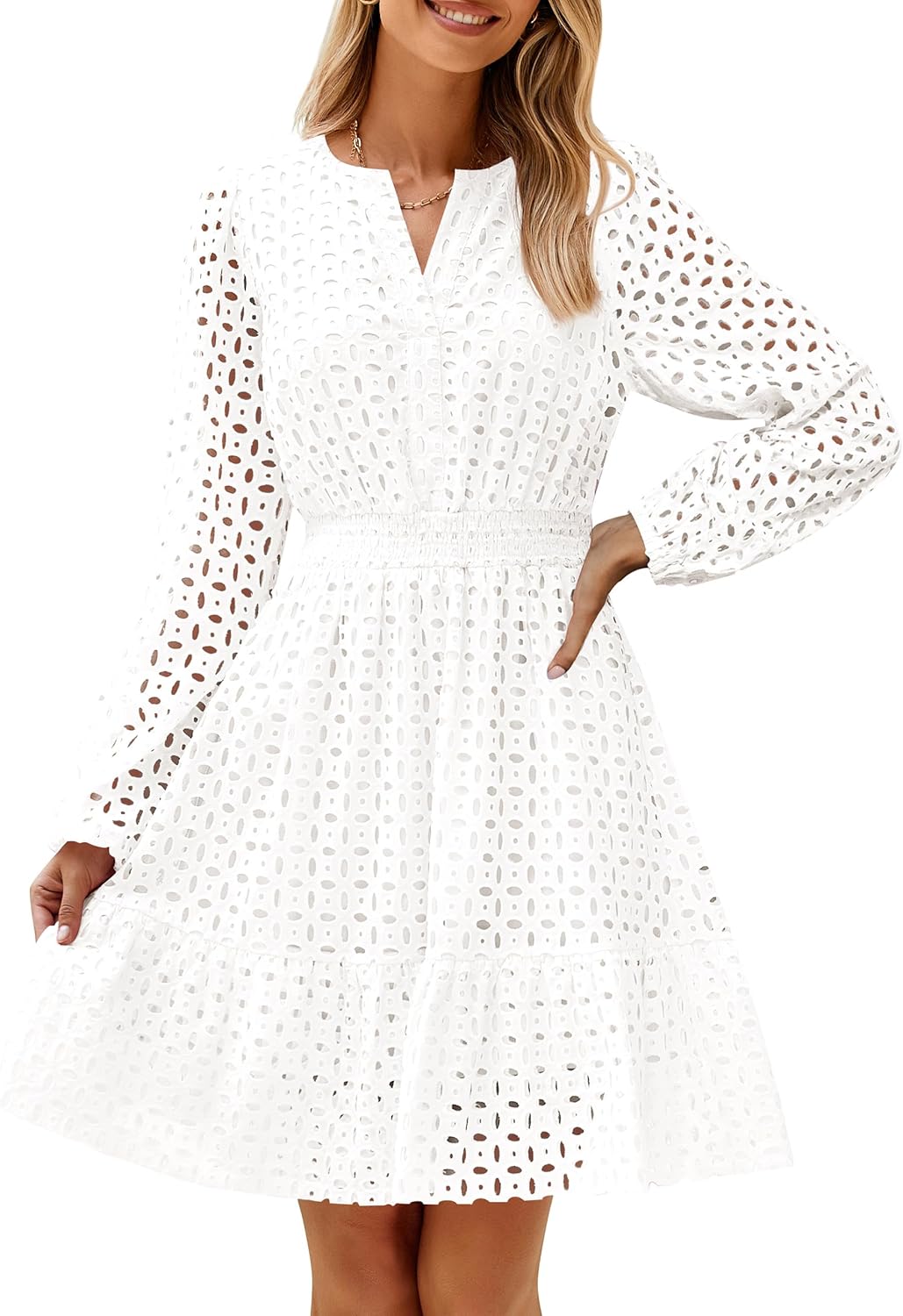 ZESICA Women's Long Sleeve Mini Dress with Eyelet Embroidery