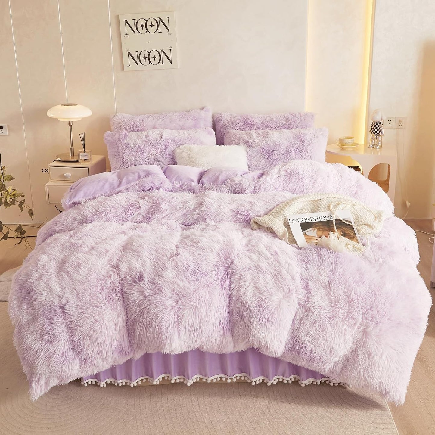 Faux Fur Tie Dye Purple Comforter Cover Queen Set for Cozy Sleep