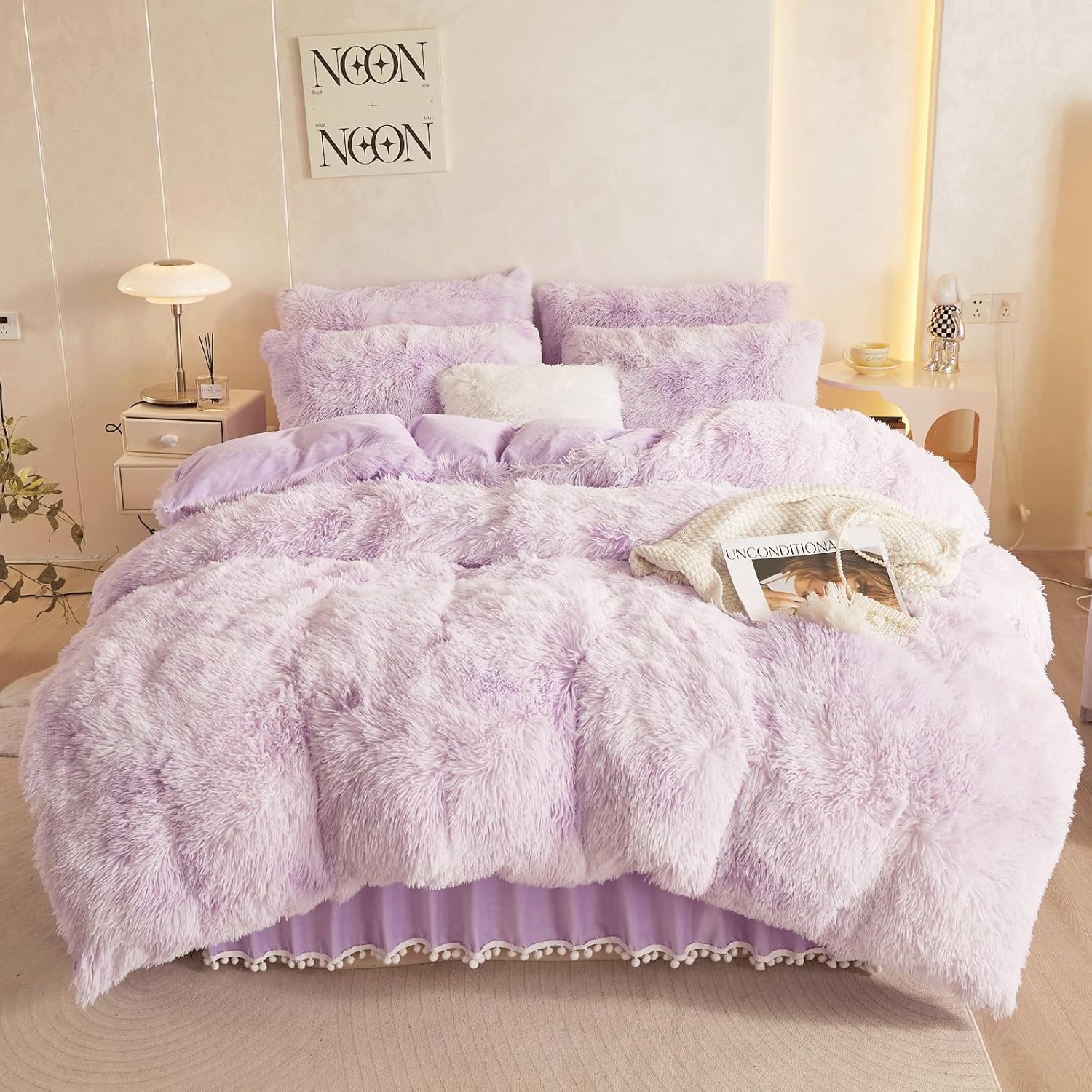 Faux Fur Tie Dye Purple Comforter Cover Queen Set for Cozy Sleep