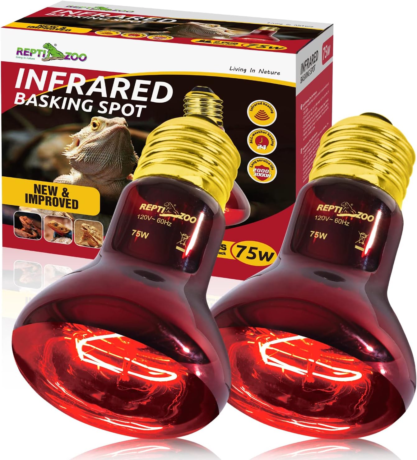 2PCS REPTIZOO 75W Red Infrared Heat Lamps: Optimal Reptile Basking!