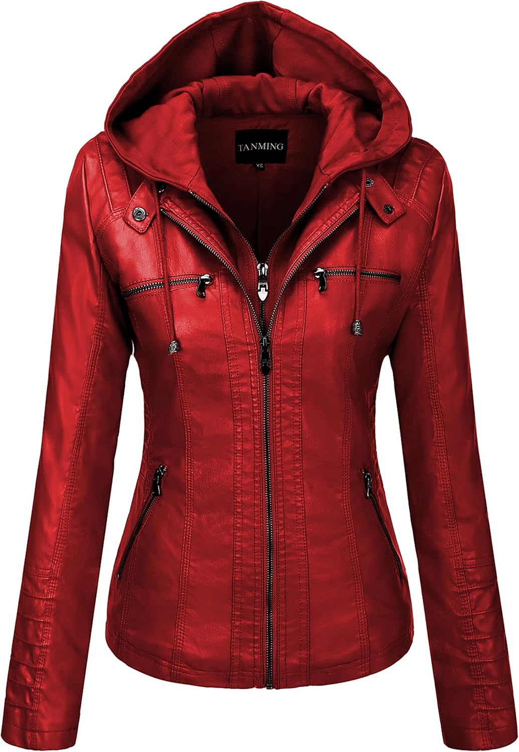 Tanming Women's Removable Hooded Faux Leather Jackets for Style