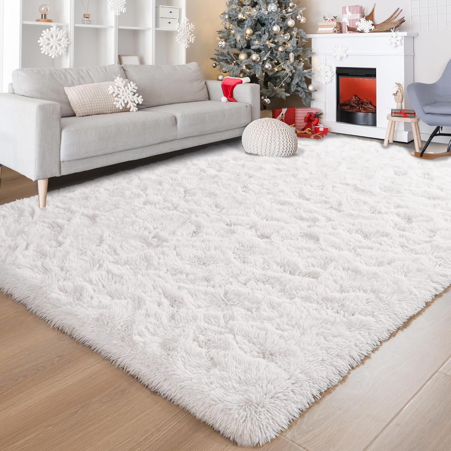 Foxmas Fluffy White Rug for Living Room - Soft Shaggy 8x10 Area