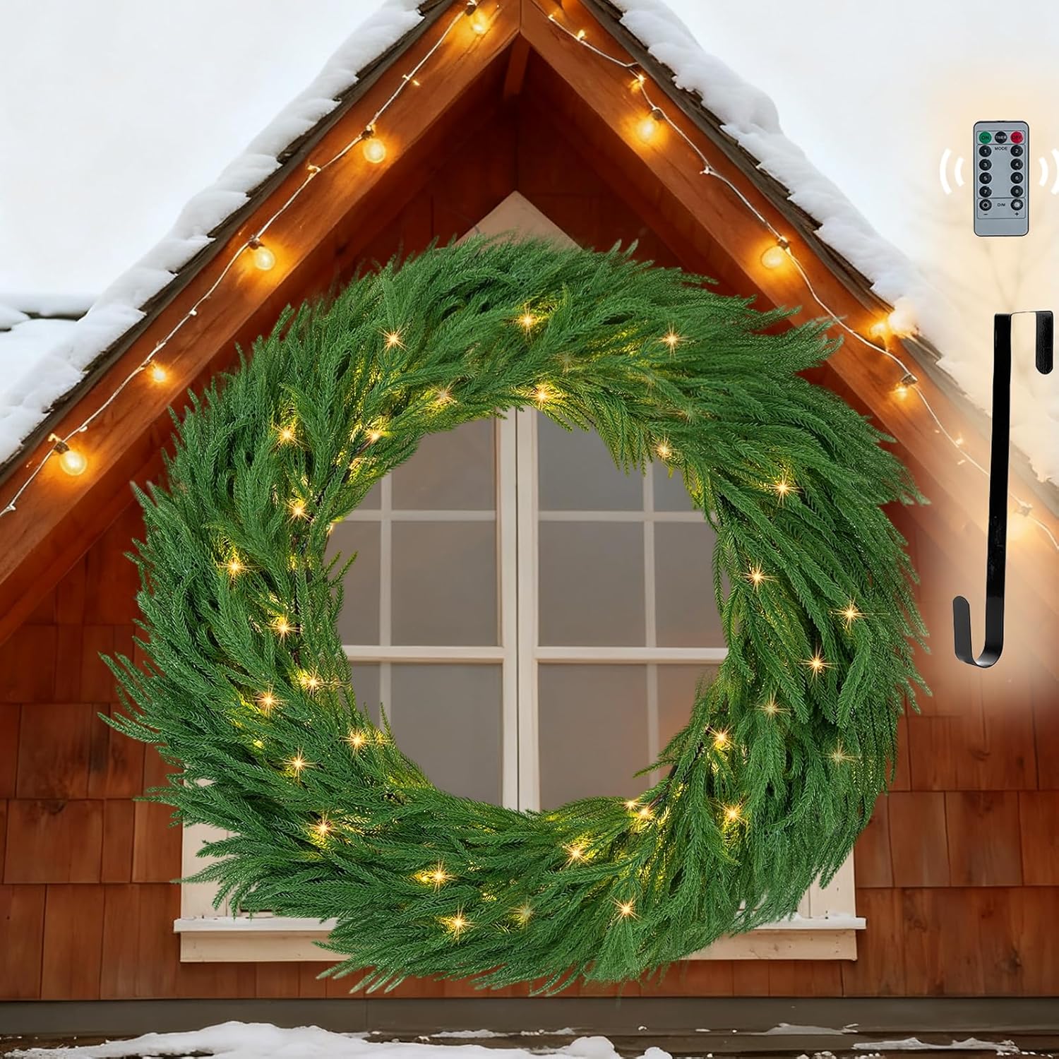 Large Christmas Wreath with Lights: 36 Inch Prelit Norfolk Pine