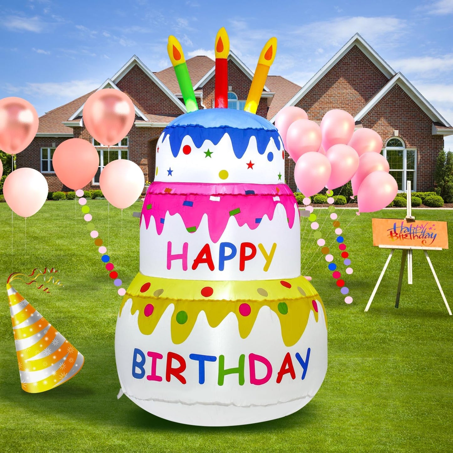 4ft Birthday Party Inflatable Cake with Lights for Lawn Fun