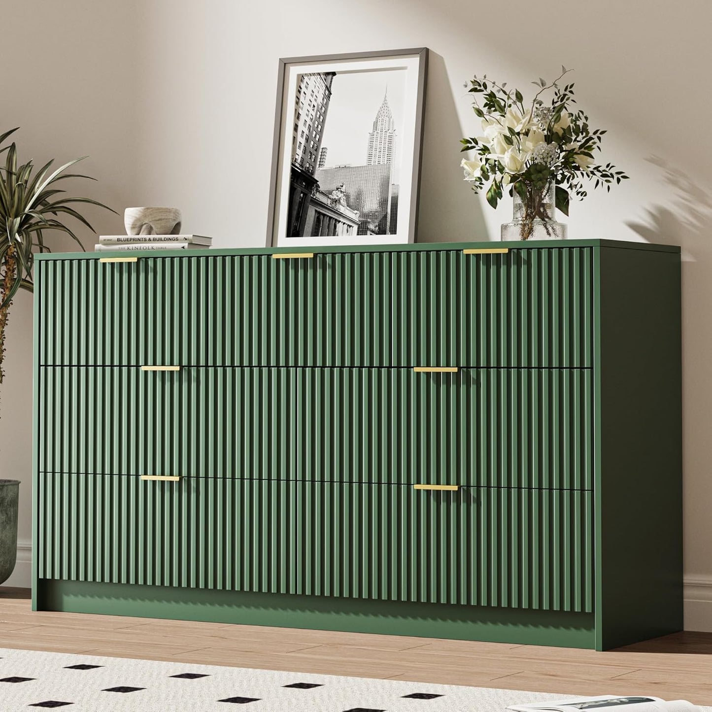 Green 7 Drawer Dresser for Bedroom with Modern Fluted Design