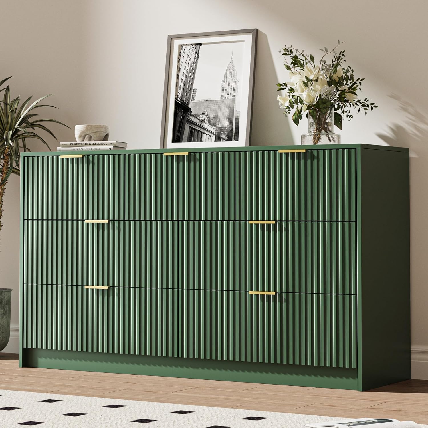 Green 7 Drawer Dresser for Bedroom with Modern Fluted Design