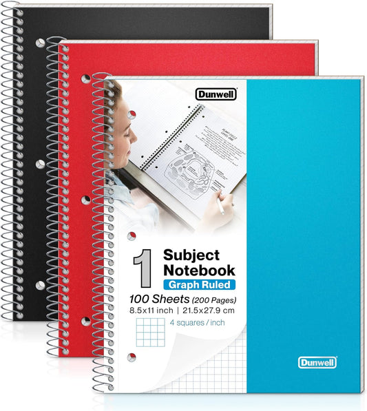 Dunwell Graph Paper Notebook 8.5x11 (3-Pack) - Versatile 1/4 Grid for Easy Planning