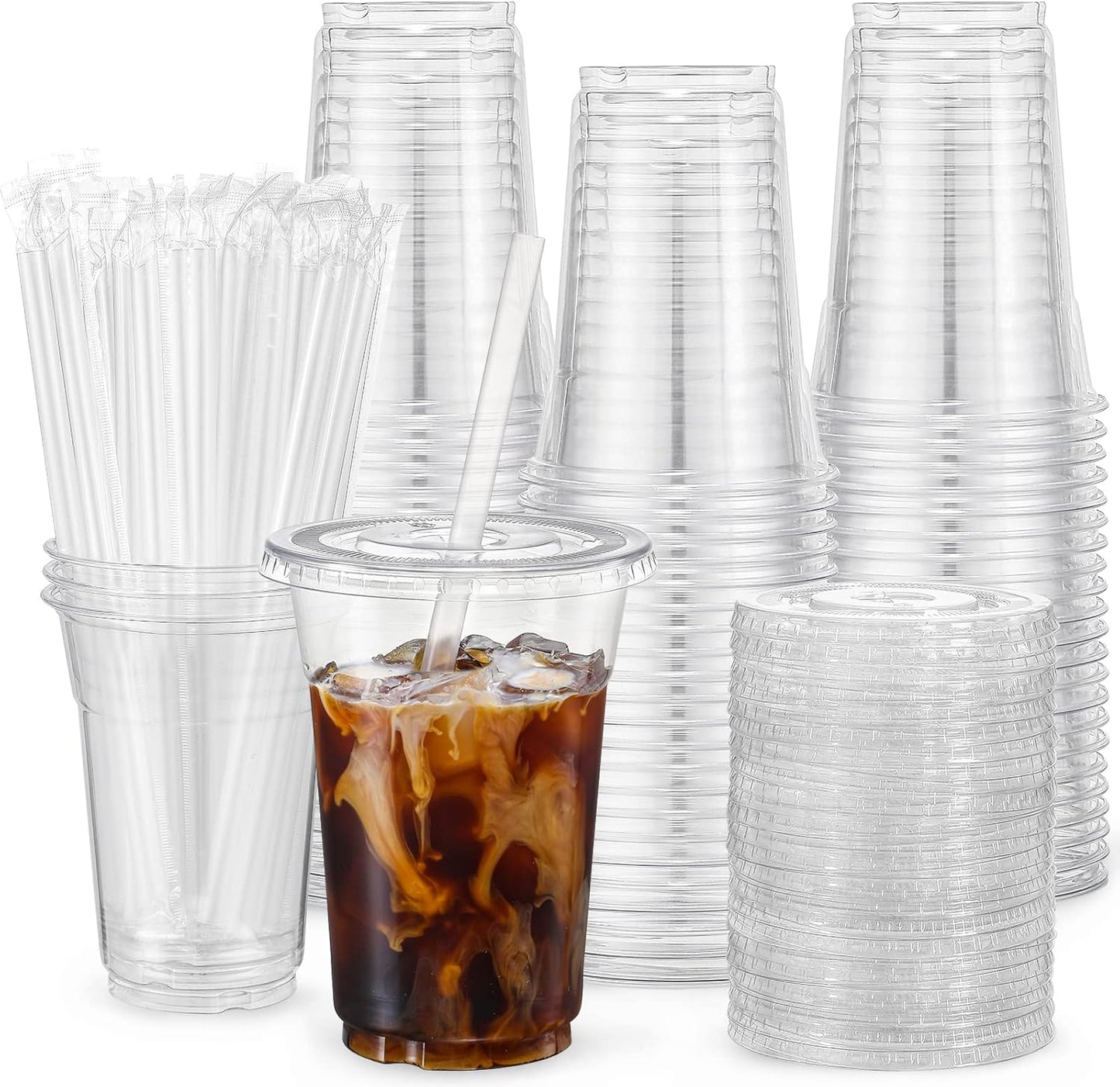 Disposable 16oz Plastic Cups with Lids & Straws - Perfect for Iced Drinks!