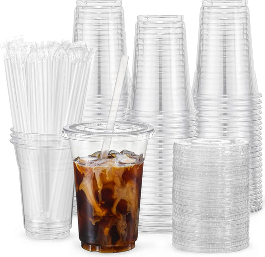 Disposable 16oz Plastic Cups with Lids & Straws - Perfect for Iced Drinks!