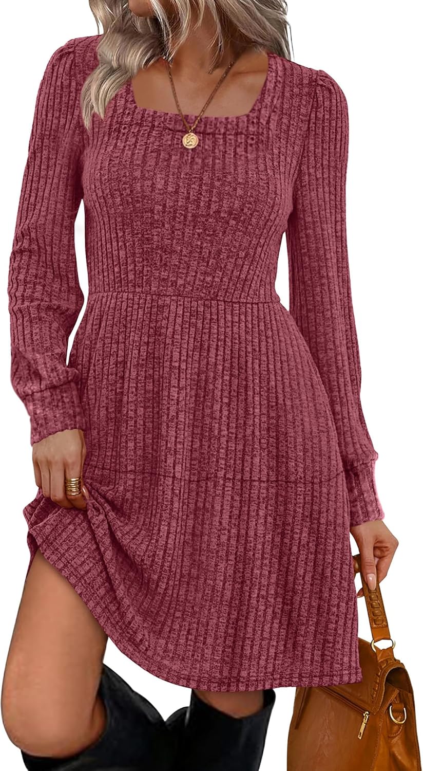Sampeel Womens Square Neck Long Sleeve Fall Dresses Casual Style
