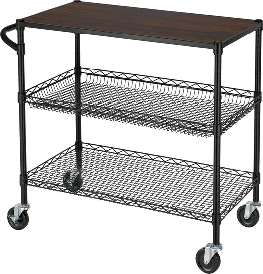 Finnhomy 3 Tier Heavy Duty Utility Cart with Wood Top and Wheels