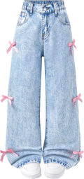 Baggy Girls Wide Leg Jeans with Side Bow - High Elastic Waist