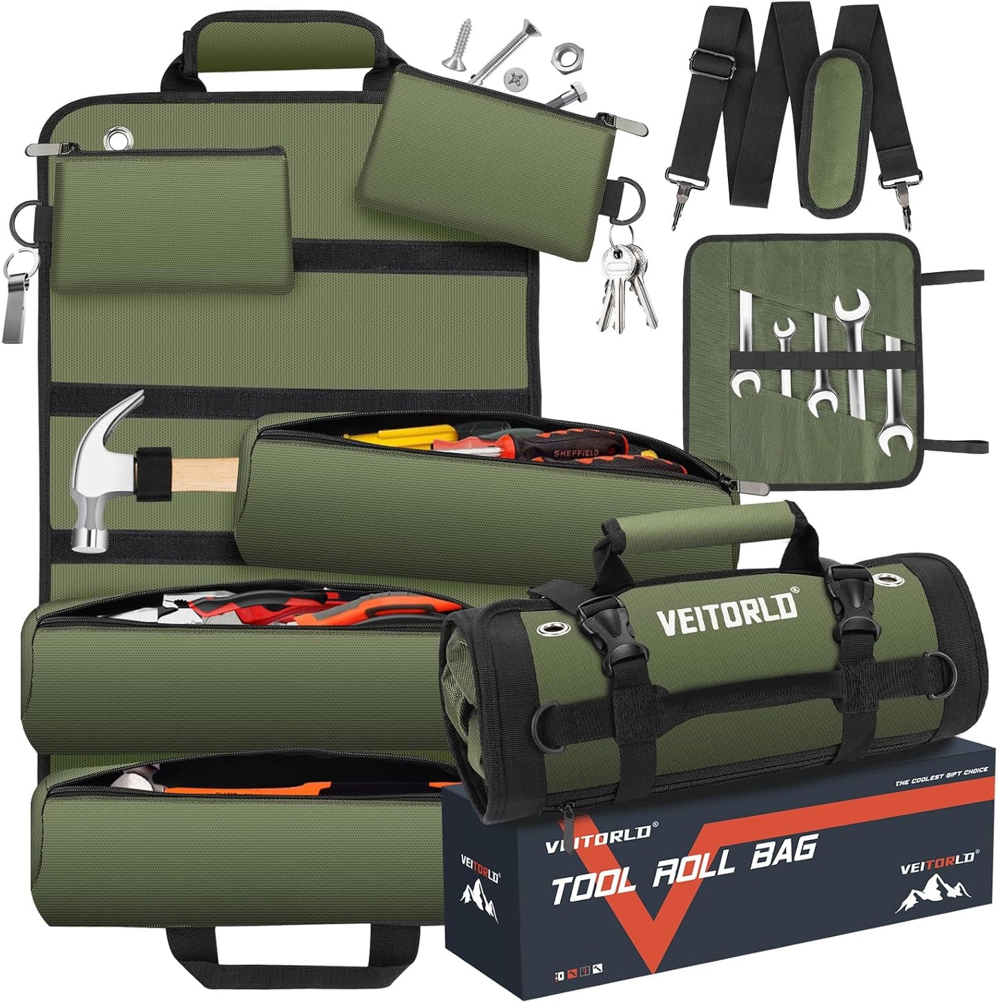 Tool Roll Up Bag for Men - Heavy Duty Organizer with Pouches