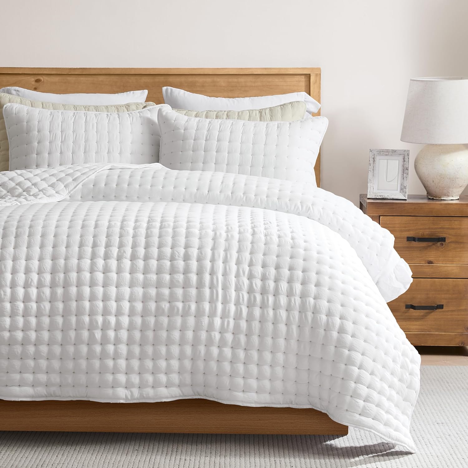 WDCOZY White Queen Size Quilt Bedding Set for All Seasons