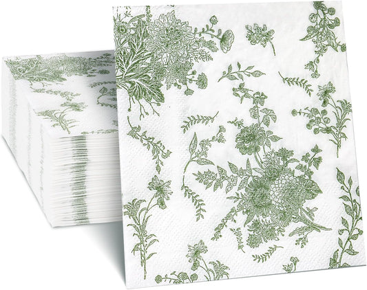 Sage Green Floral Cocktail Napkins - Elegant Disposable Hydrangea Theme! 