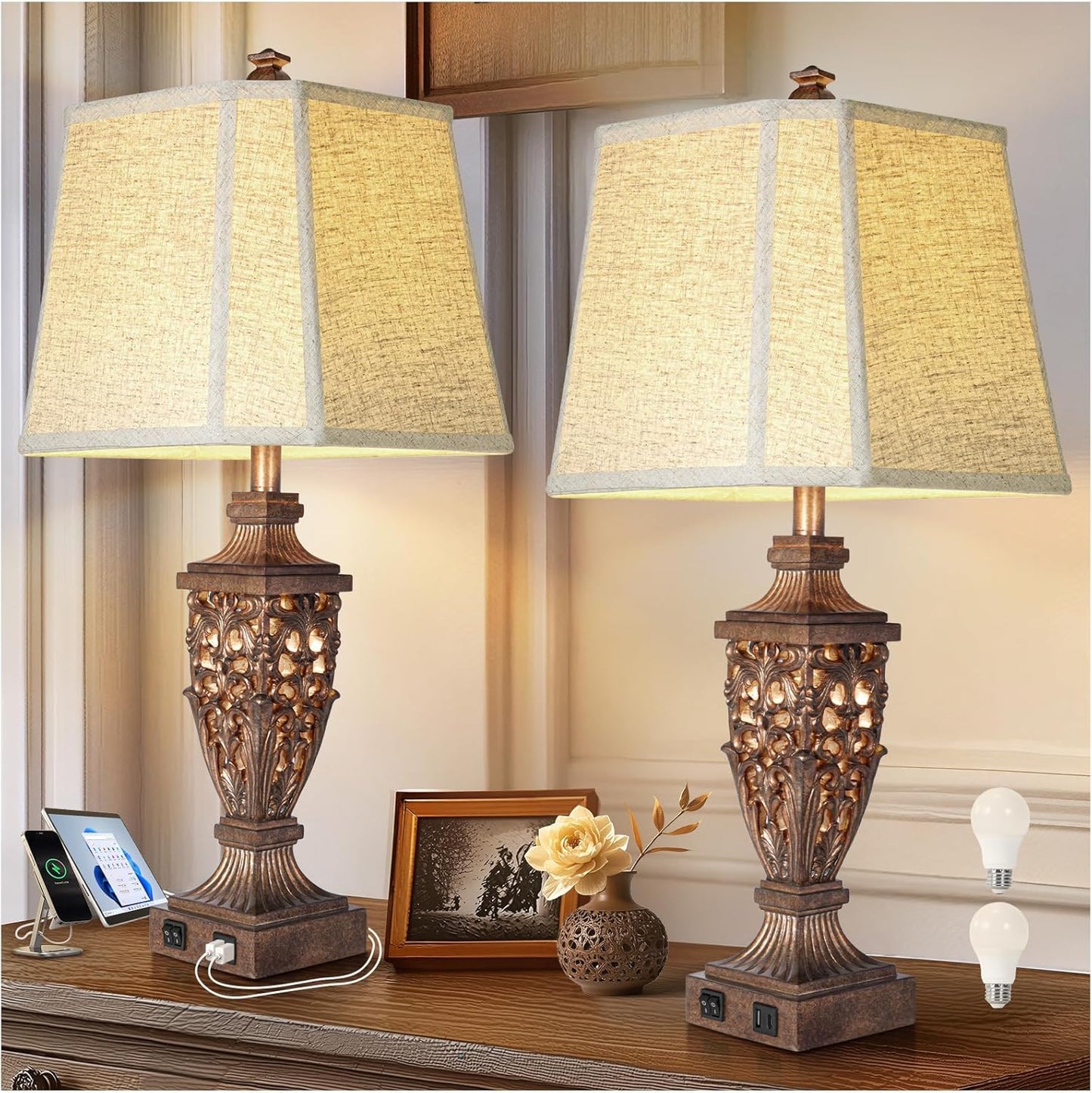 28.5 Vintage Bronze Table Lamps Set of 2 with USB Ports