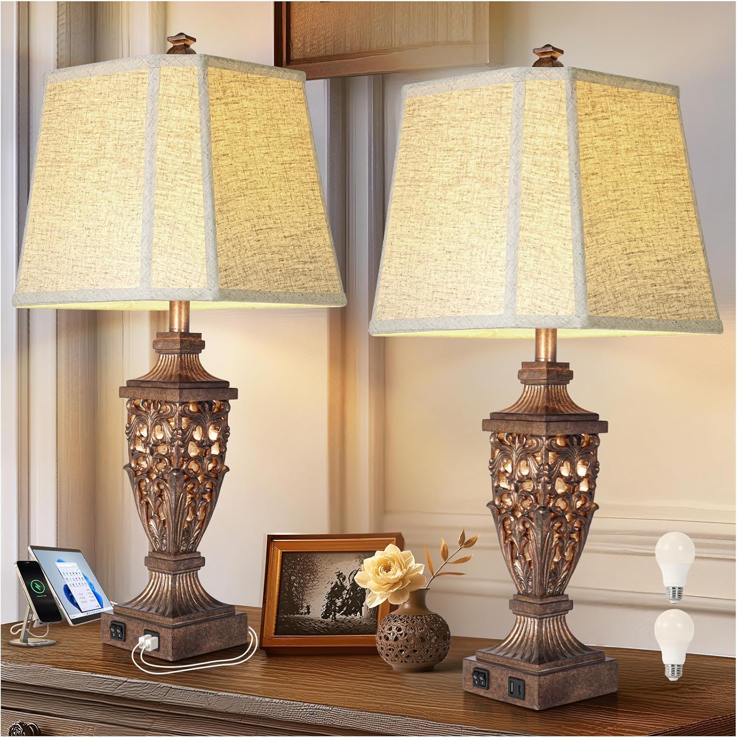 28.5 Vintage Bronze Table Lamps Set of 2 with USB Ports